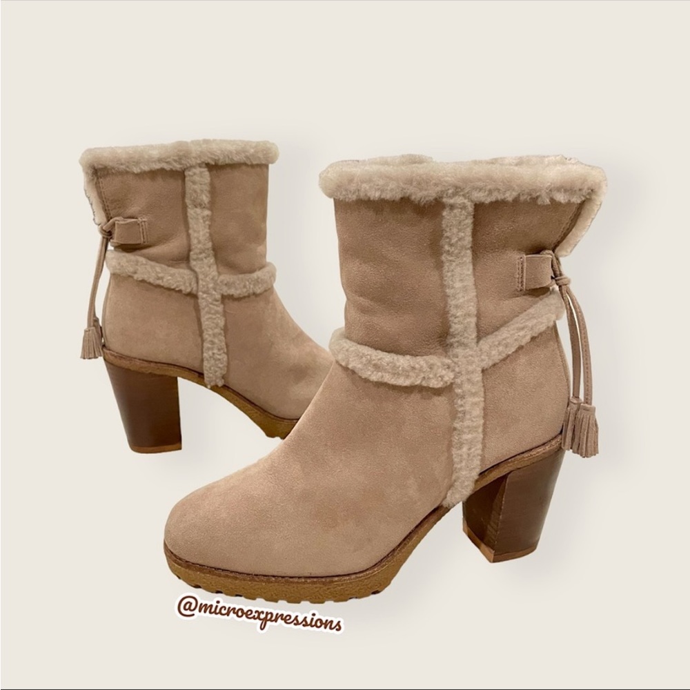 $479 Frye Jen Shearling Fur Beige/Tan Short Real Suede Heeled Zip Up AnkleBootie - Picture 8 of 16